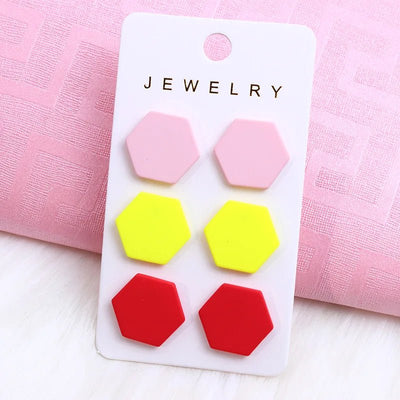 2024 New Acrylic Round Square Hexagonal Heart Stud Earrings Set for Women 3 Pairs Minimalist Valentine's Day Gifts Accessories - Gofionafashion