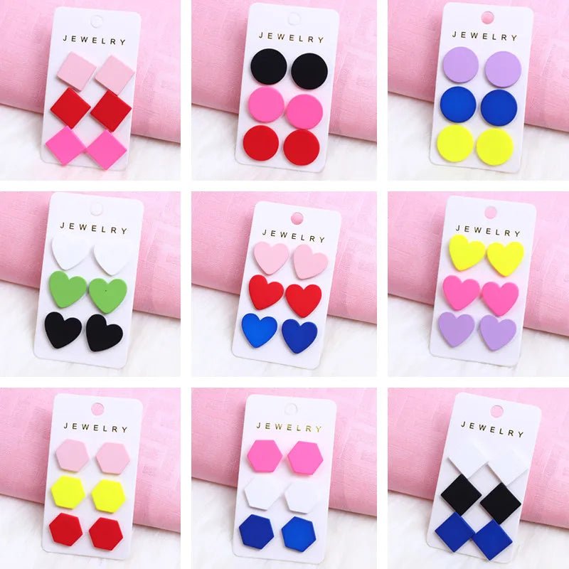 2024 New Acrylic Round Square Hexagonal Heart Stud Earrings Set for Women 3 Pairs Minimalist Valentine's Day Gifts Accessories - Gofionafashion