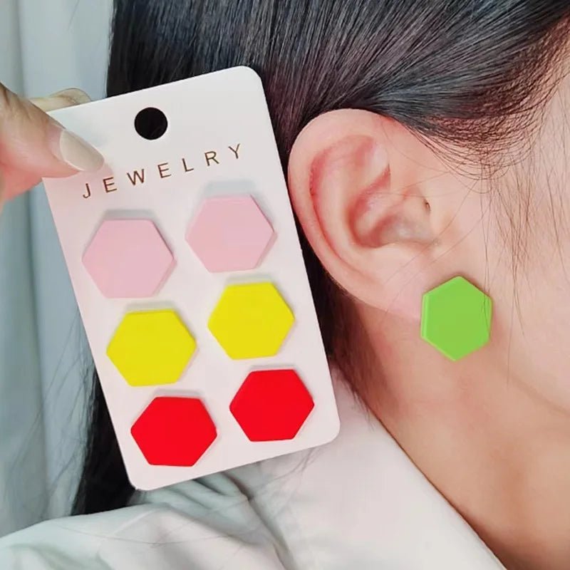 2024 New Acrylic Round Square Hexagonal Heart Stud Earrings Set for Women 3 Pairs Minimalist Valentine's Day Gifts Accessories - Gofionafashion