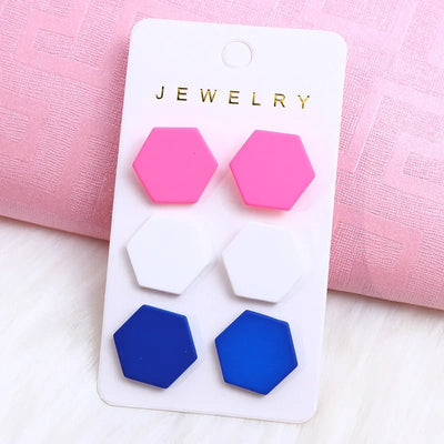 2024 New Acrylic Round Square Hexagonal Heart Stud Earrings Set for Women 3 Pairs Minimalist Valentine's Day Gifts Accessories - Gofionafashion