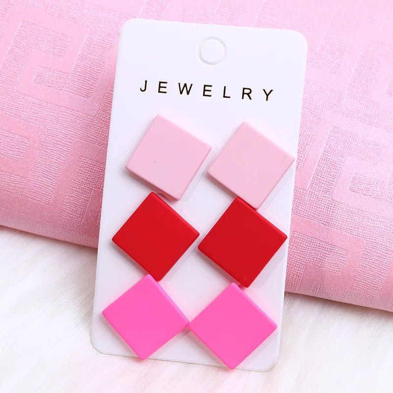 2024 New Acrylic Round Square Hexagonal Heart Stud Earrings Set for Women 3 Pairs Minimalist Valentine's Day Gifts Accessories - Gofionafashion