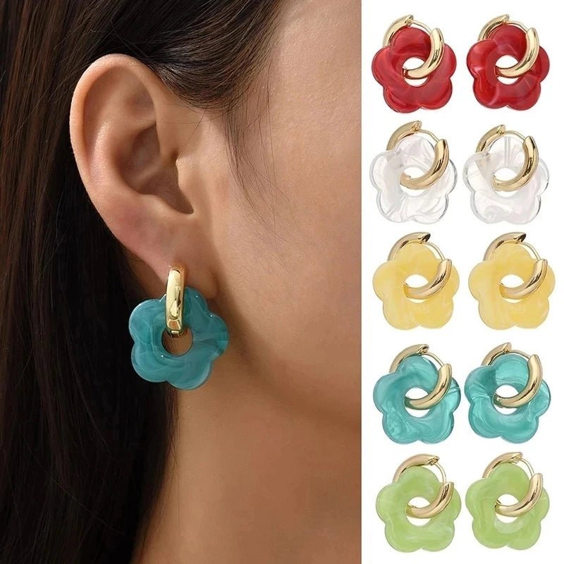 2024 New Multicolor Transparent Acrylic Resin Marbling Flower Drop Earrings for Women Copper Gold Ear Buckle Fashion Jewelry - Gofionafashion