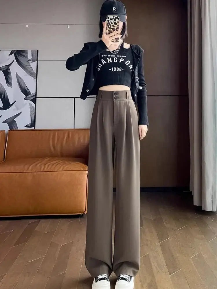 Chic High Waist Wide Leg Pants for Women New Loose Straight Coffee Trousers Autumn Double Buttons Casual Suit Pants Female 2024 - Gofionafashion