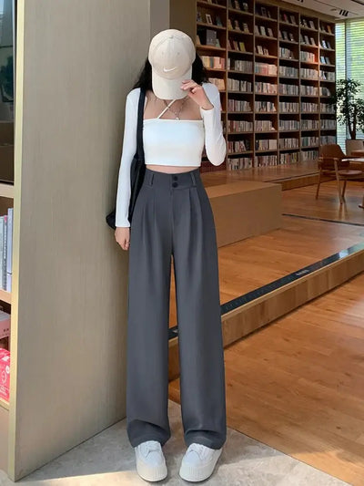 Chic High Waist Wide Leg Pants for Women New Loose Straight Coffee Trousers Autumn Double Buttons Casual Suit Pants Female 2024 - Gofionafashion