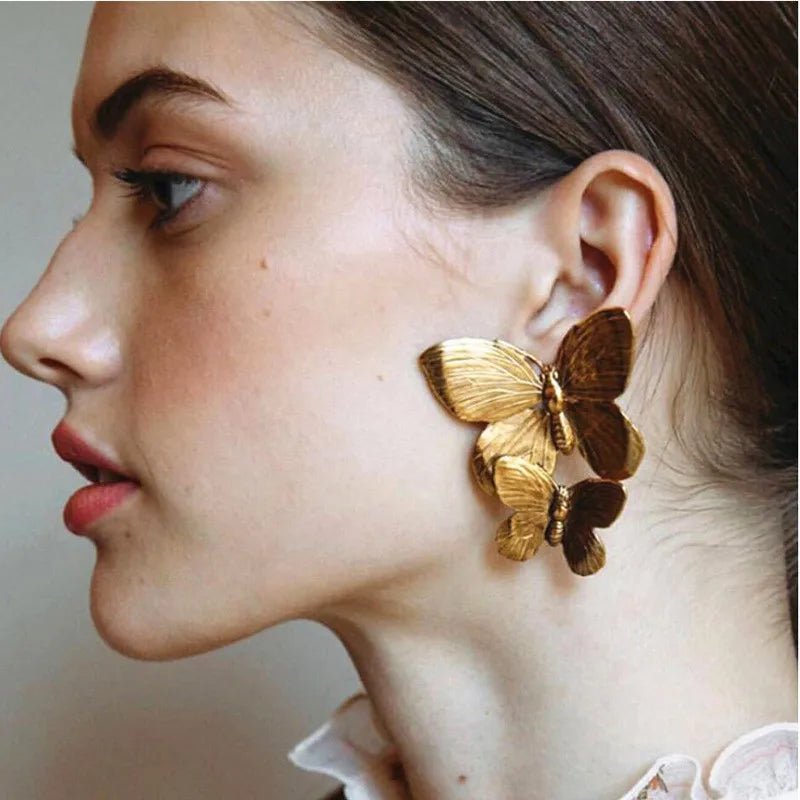 European Exaggerated Butterfly Animal Earrings for Women Golden Wings Fashion Jewelry Simple Party Statement Drop Earrings - Gofionafashion