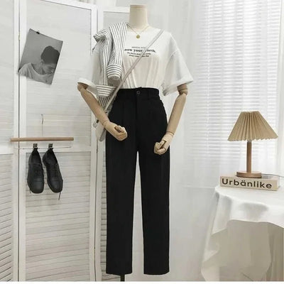 Fashion Elastic High Waist Pants Women 2023 Spring Casual Loose Straight Black Trouser Female Nine Points Suit Pant Streetwear - Gofionafashion