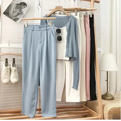 Fashion Elastic High Waist Pants Women 2023 Spring Casual Loose Straight Black Trouser Female Nine Points Suit Pant Streetwear - Gofionafashion