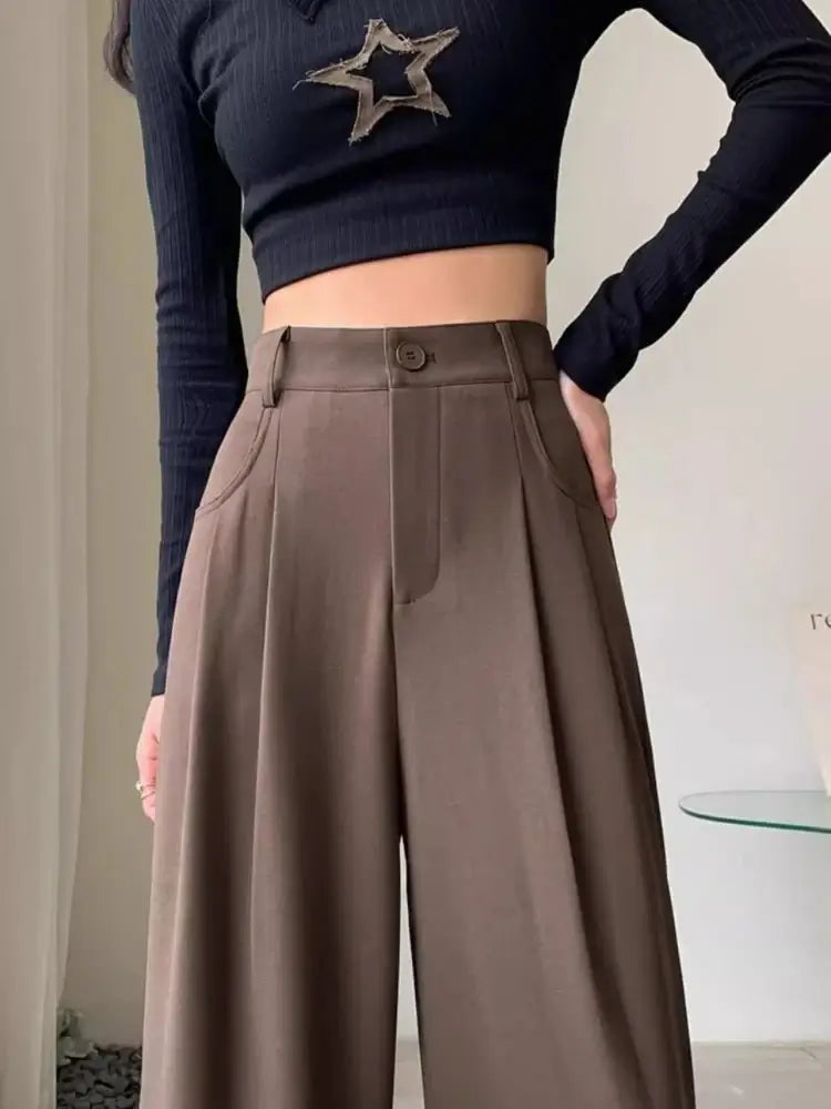 Fashion High Waist Wide Leg Pants Women Spring Fall Baggy Black Trouser Office Ladies Full Length Straight Suit Pant Outwear New - Gofionafashion