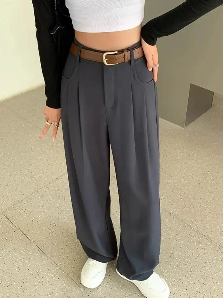 Fashion High Waist Wide Leg Pants Women Spring Fall Baggy Black Trouser Office Ladies Full Length Straight Suit Pant Outwear New - Gofionafashion