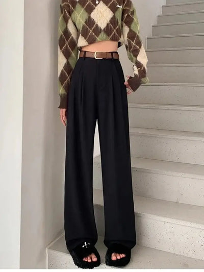 Fashion High Waist Wide Leg Pants Women Spring Fall Baggy Black Trouser Office Ladies Full Length Straight Suit Pant Outwear New - Gofionafashion