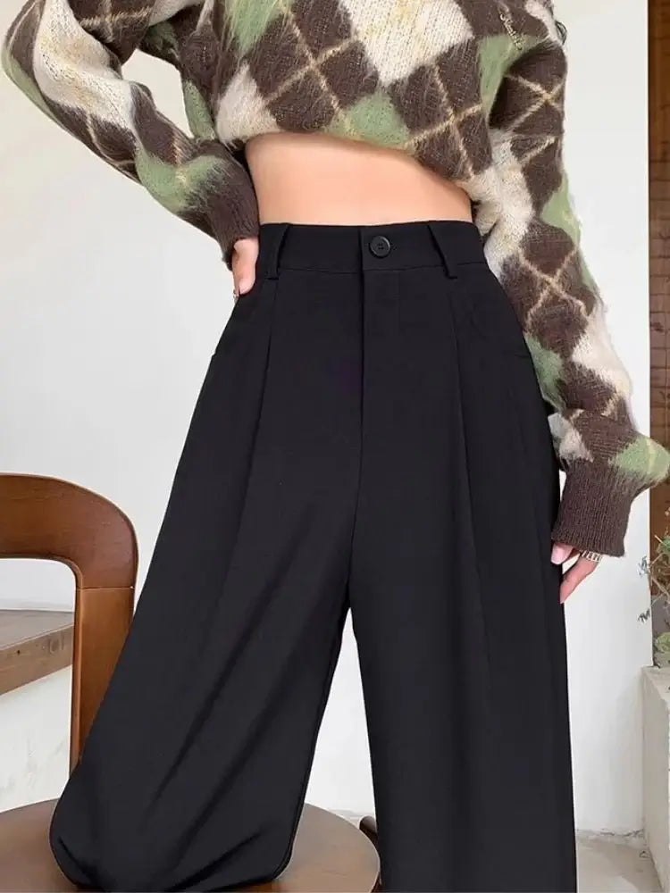 Fashion High Waist Wide Leg Pants Women Spring Fall Baggy Black Trouser Office Ladies Full Length Straight Suit Pant Outwear New - Gofionafashion