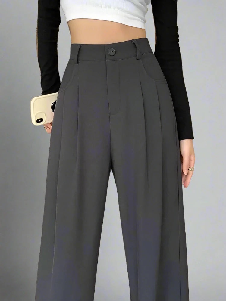 Fashion High Waist Wide Leg Pants Women Spring Fall Baggy Black Trouser Office Ladies Full Length Straight Suit Pant Outwear New - Gofionafashion