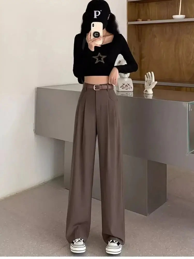 Fashion High Waist Wide Leg Pants Women Spring Fall Baggy Black Trouser Office Ladies Full Length Straight Suit Pant Outwear New - Gofionafashion