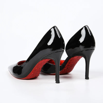 Four Seasons Women's High Heels Black Stiletto Pointed Red Bottom Single Shoes - Gofionafashion