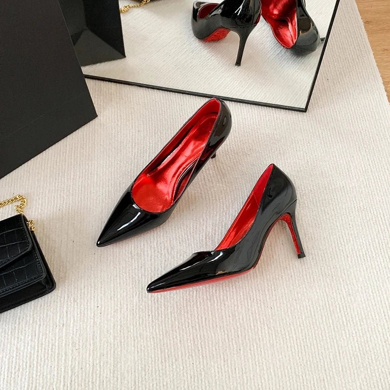 Four Seasons Women's High Heels Black Stiletto Pointed Red Bottom Single Shoes - Gofionafashion