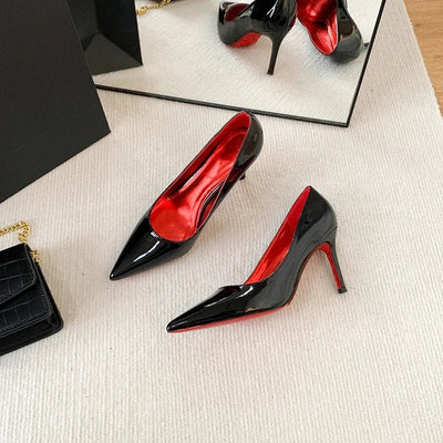 Four Seasons Women's High Heels Black Stiletto Pointed Red Bottom Single Shoes - Gofionafashion