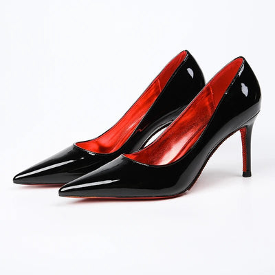 Four Seasons Women's High Heels Black Stiletto Pointed Red Bottom Single Shoes - Gofionafashion