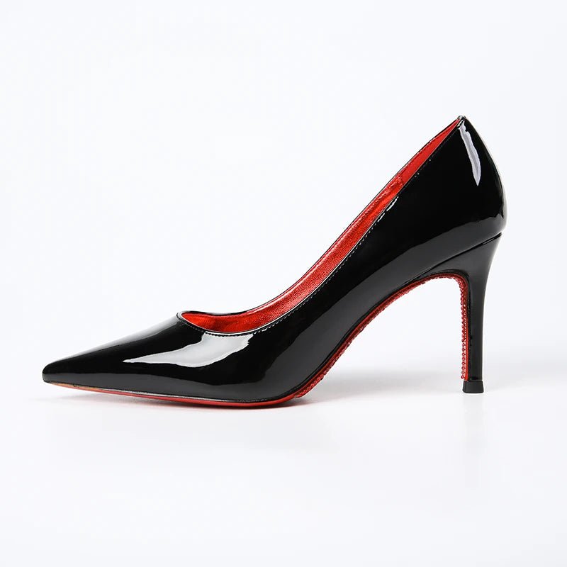 Four Seasons Women's High Heels Black Stiletto Pointed Red Bottom Single Shoes - Gofionafashion