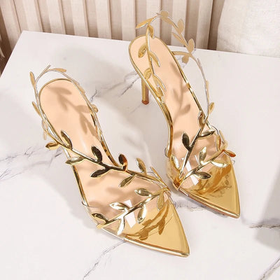 Golden Branches and Jade Leaves High - heeled Shoes, Stiletto Pointed Sandals - Gofionafashion