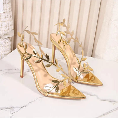 Golden Branches and Jade Leaves High - heeled Shoes, Stiletto Pointed Sandals - Gofionafashion