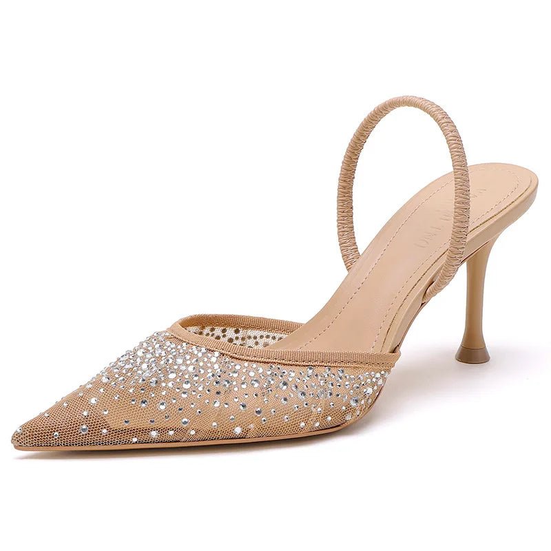 High - heeled Sandal Mesh Slingback Rhinestone Shoes - Gofionafashion