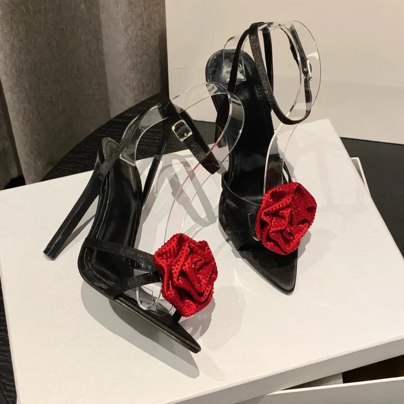 High - heeled Sandals Pointed Open - toe Rhinestone Rose Flower One - strap for Women - Gofionafashion