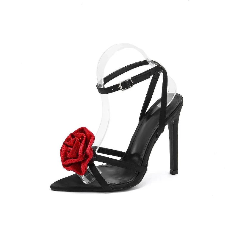 High - heeled Sandals Pointed Open - toe Rhinestone Rose Flower One - strap for Women - Gofionafashion