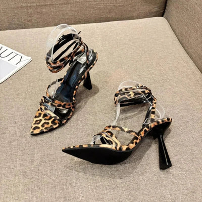 High - heeled Sandals Pointed Straps Leopard Print - Gofionafashion