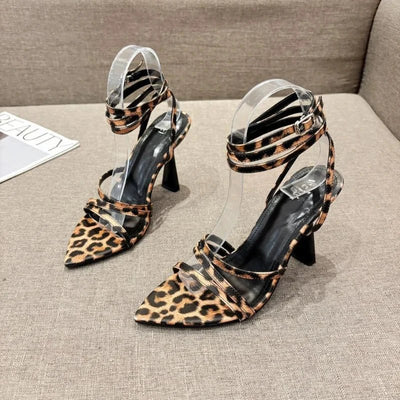 High - heeled Sandals Pointed Straps Leopard Print - Gofionafashion