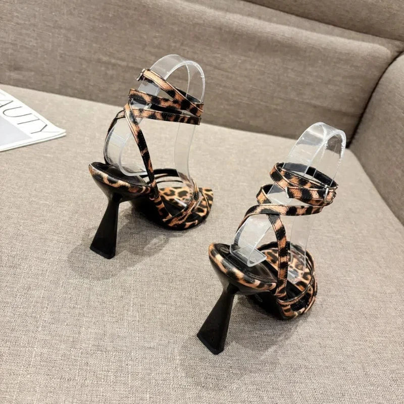 High - heeled Sandals Pointed Straps Leopard Print - Gofionafashion