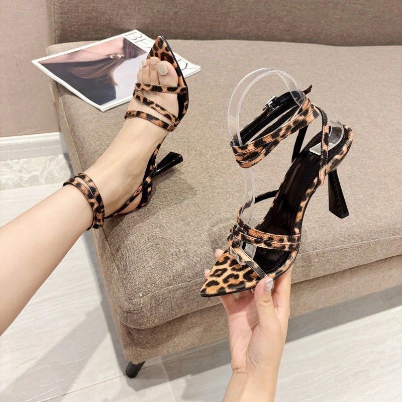 High - heeled Sandals Pointed Straps Leopard Print - Gofionafashion