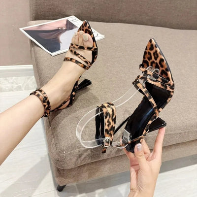 High - heeled Sandals Pointed Straps Leopard Print - Gofionafashion