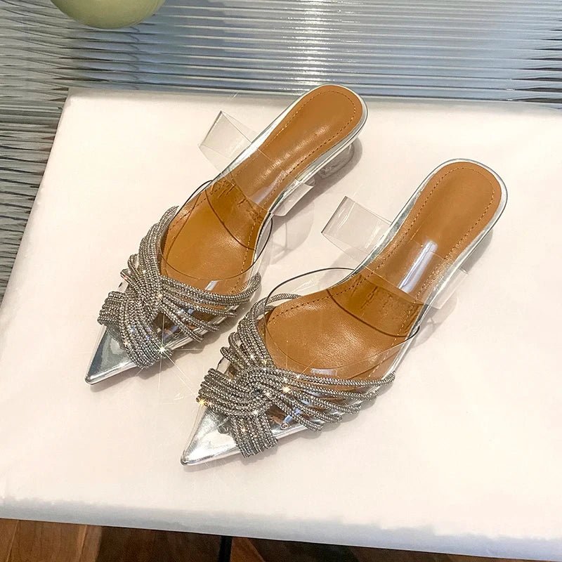 High - heeled Sandals Pointed Transparent Rhinestones Mid - heel Sexy Banquet Thick - heeled Sandals for women - Gofionafashion