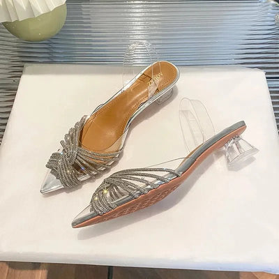 High - heeled Sandals Pointed Transparent Rhinestones Mid - heel Sexy Banquet Thick - heeled Sandals for women - Gofionafashion