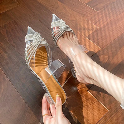 High - heeled Sandals Pointed Transparent Rhinestones Mid - heel Sexy Banquet Thick - heeled Sandals for women - Gofionafashion