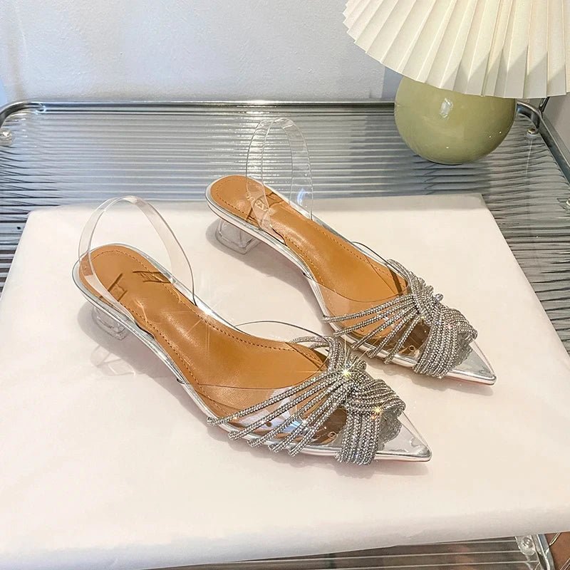 High - heeled Sandals Pointed Transparent Rhinestones Mid - heel Sexy Banquet Thick - heeled Sandals for women - Gofionafashion