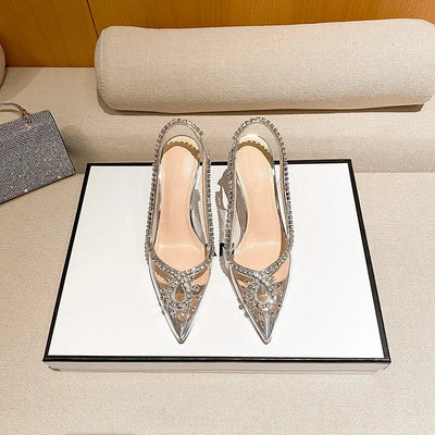 High - heeled Sandals with Rhinestones, Large Pineapple Pointed Toes, Crystal Heels and Empty Back Shoes - Gofionafashion