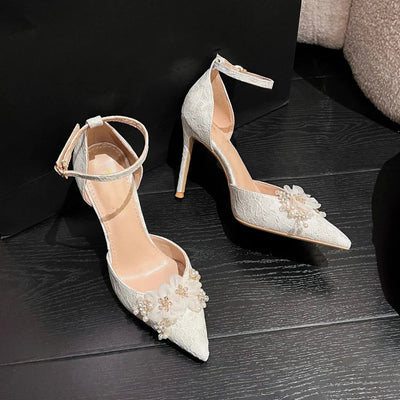 High Heels Sandal, White Flowers, Wedding Shoes for women - Gofionafashion