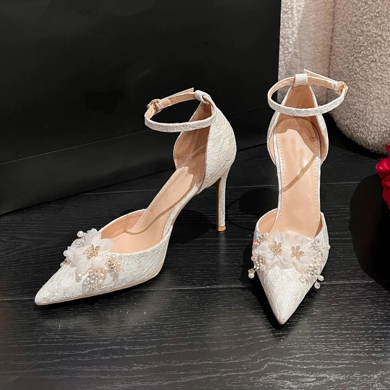 High Heels Sandal, White Flowers, Wedding Shoes for women - Gofionafashion