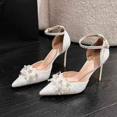 High Heels Sandal, White Flowers, Wedding Shoes for women - Gofionafashion