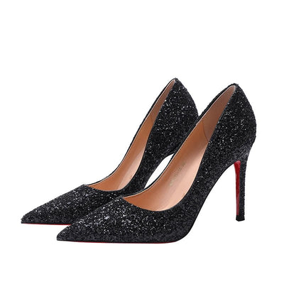 High Heels Temperament Black Sequins Stiletto Pointed Sexy Single Shoes - Gofionafashion