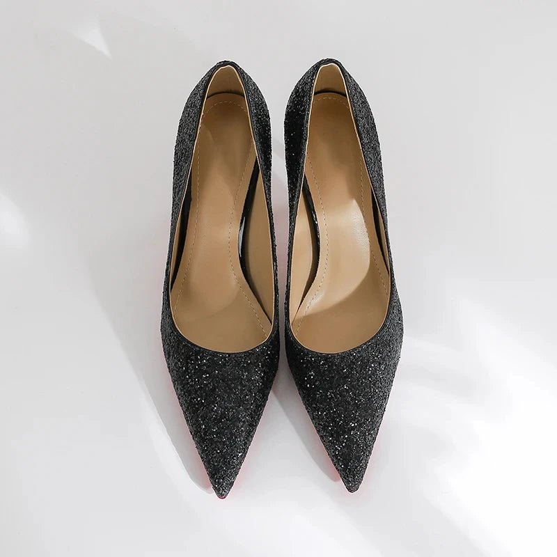 High Heels Temperament Black Sequins Stiletto Pointed Sexy Single Shoes - Gofionafashion