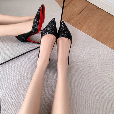 High Heels Temperament Black Sequins Stiletto Pointed Sexy Single Shoes - Gofionafashion