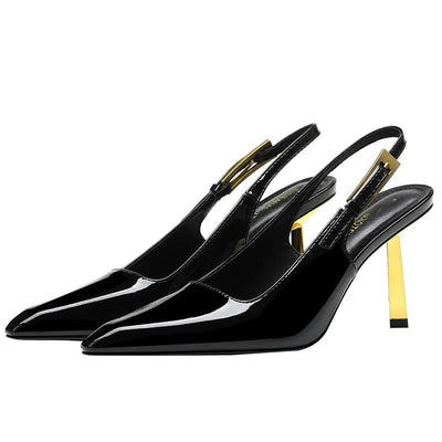 High Shoes Pointed Toe Stiletto Patent Leather Metal Toe - cap Buckle Strap Back Sandals - Gofionafashion