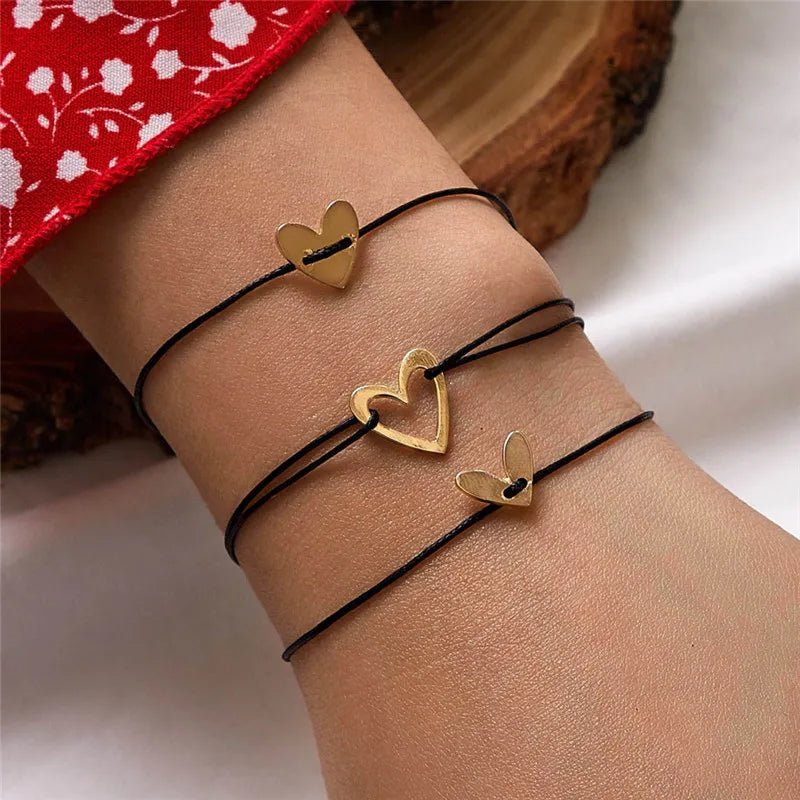 Love Heart Bracelet Set for Women Girls Students Couple Black Rope Chain Adjustable Minimalist Simple Bracelet Jewelry Wholesale - Gofionafashion