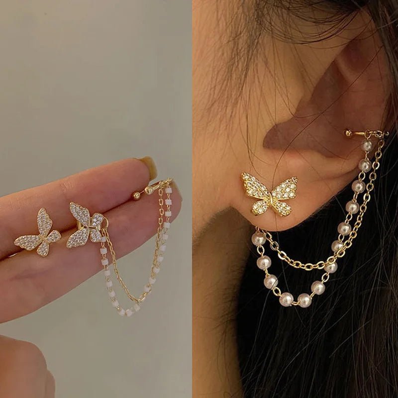 Luxury Earrings for Women 2022 Shiny Crystal Rhinestone Long Tassel Ear Cuff Clip Earrings Party Wedding Jewelry No Pierced - Gofionafashion