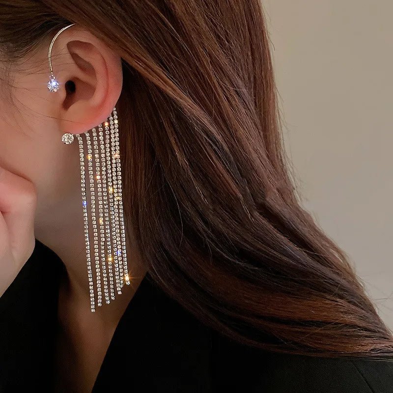 Luxury Earrings for Women 2022 Shiny Crystal Rhinestone Long Tassel Ear Cuff Clip Earrings Party Wedding Jewelry No Pierced - Gofionafashion