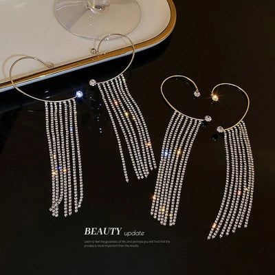 Luxury Earrings for Women 2022 Shiny Crystal Rhinestone Long Tassel Ear Cuff Clip Earrings Party Wedding Jewelry No Pierced - Gofionafashion