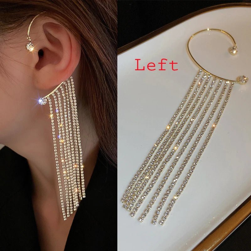 Luxury Earrings for Women 2022 Shiny Crystal Rhinestone Long Tassel Ear Cuff Clip Earrings Party Wedding Jewelry No Pierced - Gofionafashion