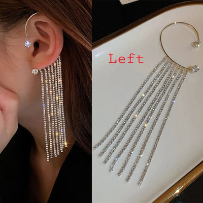 Luxury Earrings for Women 2022 Shiny Crystal Rhinestone Long Tassel Ear Cuff Clip Earrings Party Wedding Jewelry No Pierced - Gofionafashion